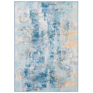 Sequoia Ivory Blue/Gold 4 ft. x 6 ft. Machine Washable Distressed Abstract Area Rug