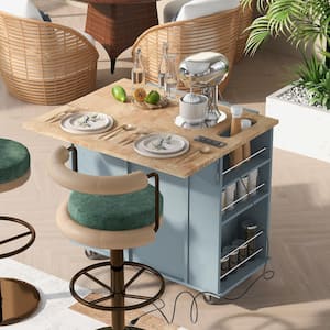 Blue Wood Top 39.8 in. Kitchen Cart with Power Outlet, Rolling Mobile Kitchen Island with Drop Leaf Breakfast Bar