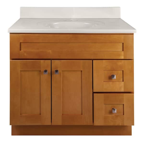 Brookings 37 in. W Single 4 in Centerset Sink Bath Vanity in Modern Birch with Ivory Swirl Cultured Marble Top Assembled