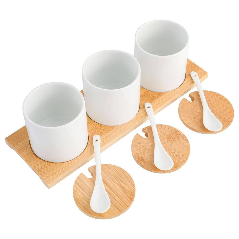 White Ceramic Condiment Jars with Bamboo Lids and Tray