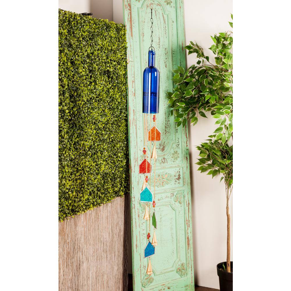 41-Inch Blue Glass Bottle Wind Chime with Beads and Bells
