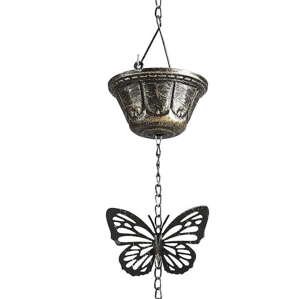 Butterfly and Cup Rain Chains 8.5 ft. Vintage Copper Metal Decorative Rain Catcher Chimes for Gutters Downspouts