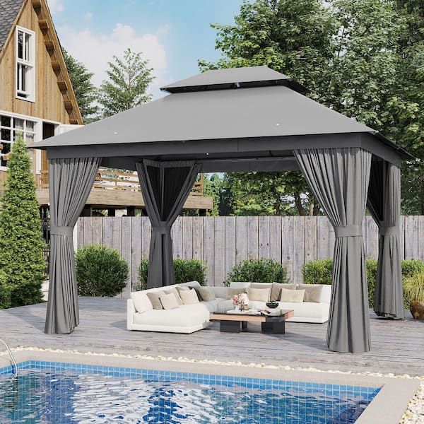 Sizzim Grey Outdoor Gazebo for Patio 12 ft. x 10 ft. Metal Sizzim Grey Outdoor Gazebo for Patio 12 ft. x 10 ft. Metal