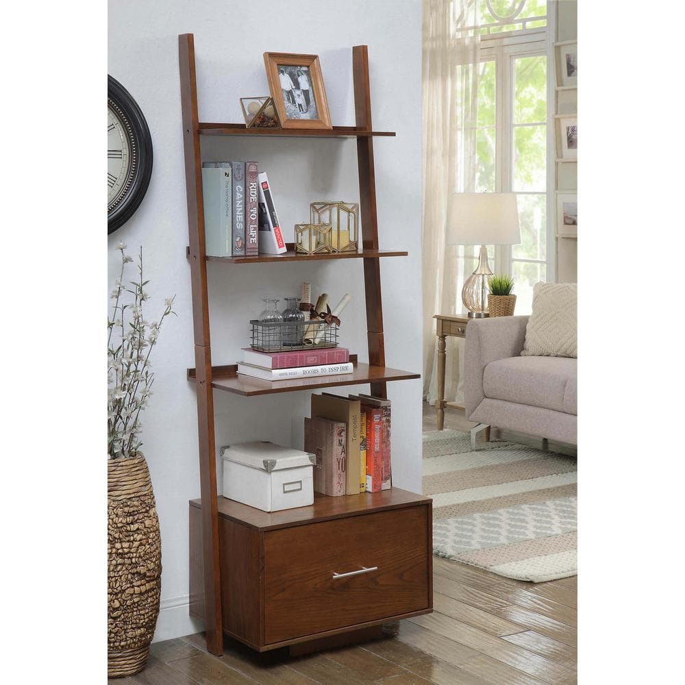 Heritage Dark Walnut Wooden Ladder Bookcase with File Storage