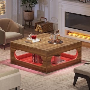 Calvin 43.31 in. Brown Square Wood Coffee Table LED Light Storage Center Cocktail Table Living Room Home Office