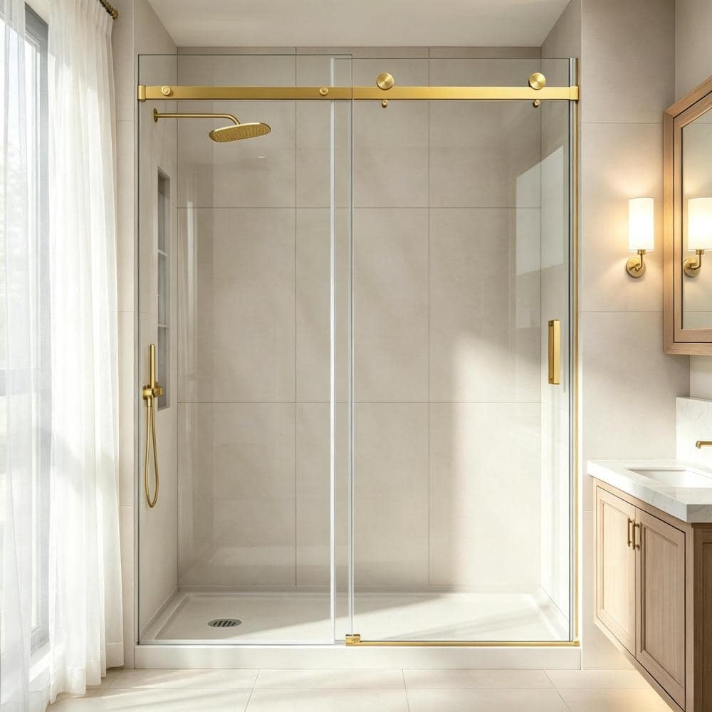"43 in. - 48 in. W x 76 in. H Single Sliding Frameless Shower Door in Brushed Gold with 1/4"" Clear Tempered Glass" price history on PriceWatchPro