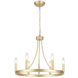 Romyn 6 Light Gold Farmhouse Candle Style Wagon Wheel Chandelier for Kitchen Island Dining Room Living Room Foyer