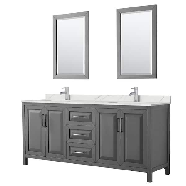 Wyndham Collection Daria 80 in. W x 22 in. D x 35.75 in. H Double Bath Vanity in Dark Gray with Giotto Quartz Top and 24 in. Mirrors