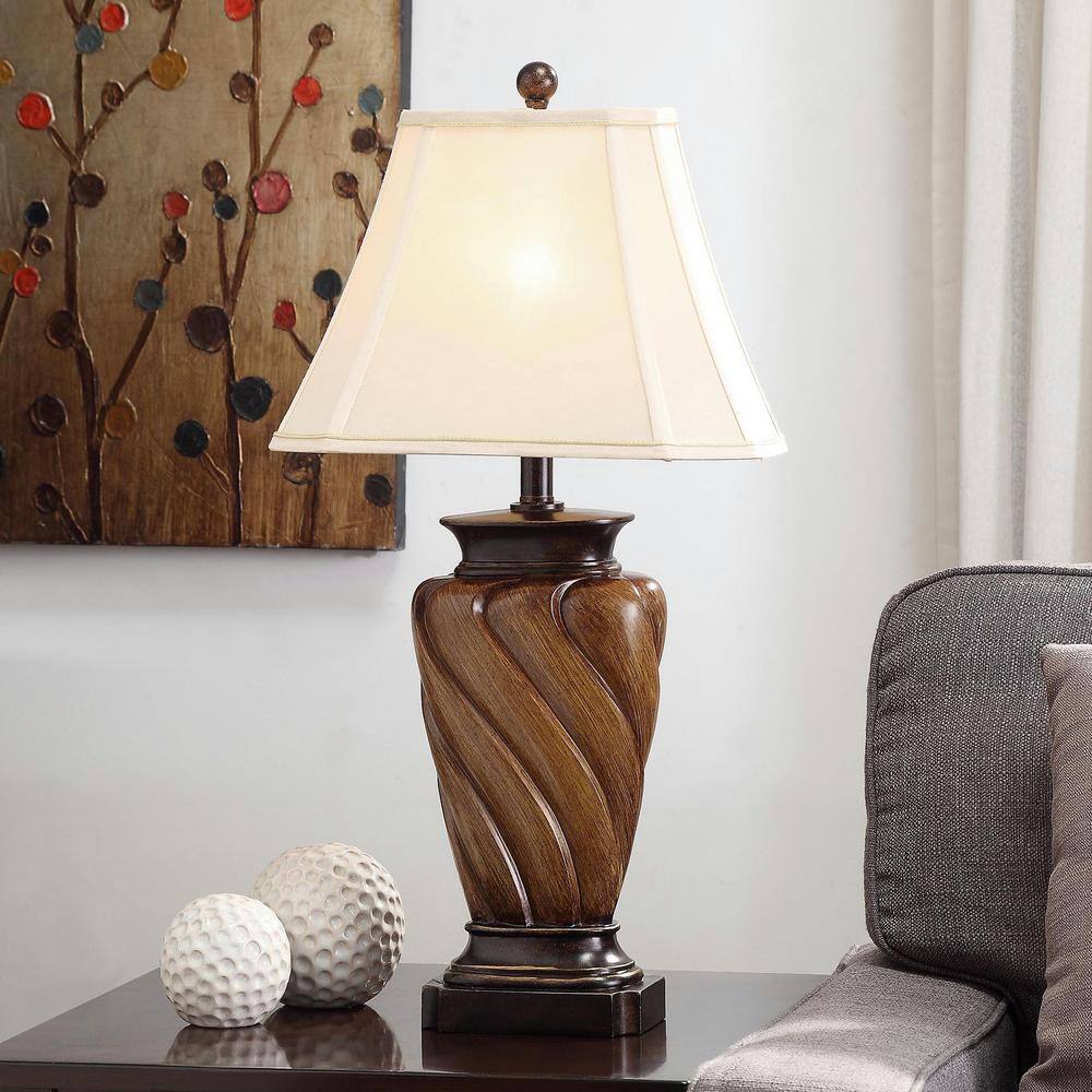 Toffee Wood Finish Table Lamp with White Fabric Shade