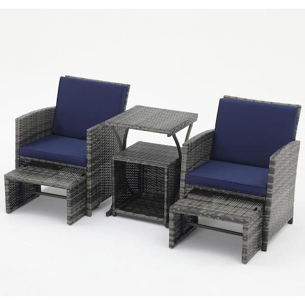 Freestyle 6-Piece Wicker Grey Patio Conversation Set with Ottomans and Side Table, Blue Cushions