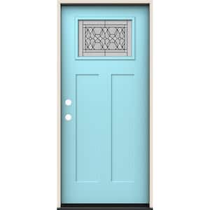 36 in. x 80 in. Right-Hand 1/4 Lite Craftsman Selwyn Decorative Glass Caribbean Blue Fiberglass Prehung Front Door
