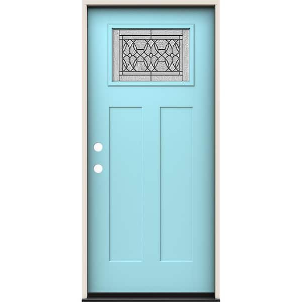 JELD-WEN 36 in. x 80 in. Right-Hand 1/4 Lite Craftsman Selwyn Decorative Glass Caribbean Blue Fiberglass Prehung Front Door