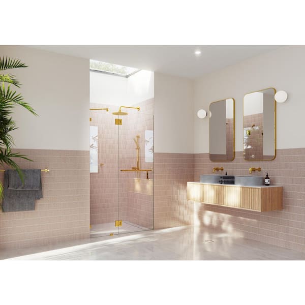 Mimas 50.25 in. W x 78 in. H Glass Hinged Frameless Towel Bar Shower Door in Polished Brass Finish with Clear Glass