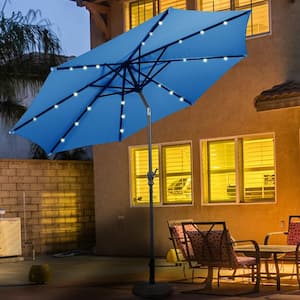 10 ft. Metal Tilt Market Solar Patio Umbrella LED with Crank Outdoor in Blue