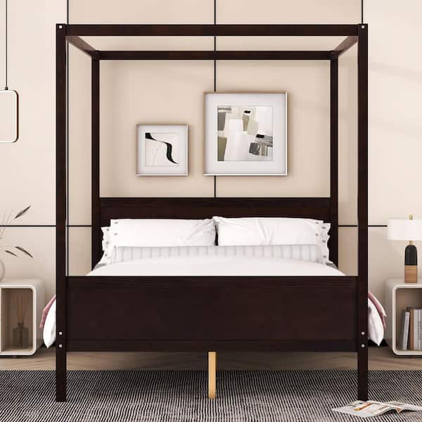 Brown Frame Queen Size Canopy Bed with Headboard and Footboard, Slat Support Leg