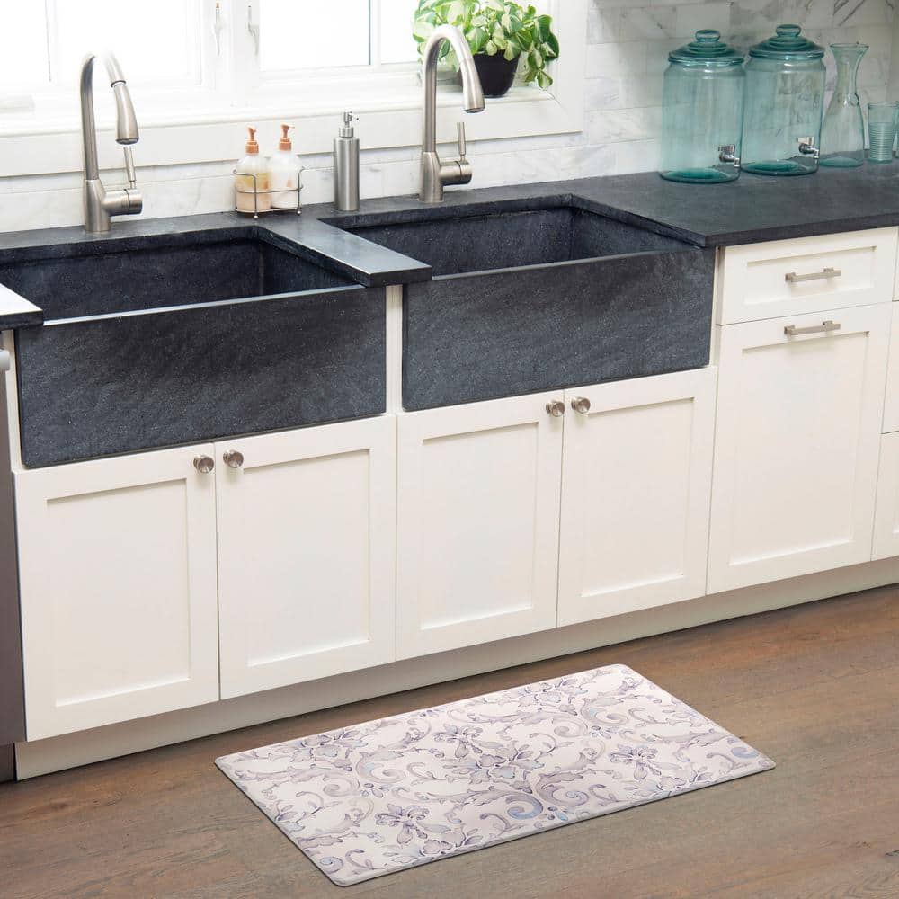 Cream and Blue Damask Water Resistant Anti-Fatigue Kitchen Mat