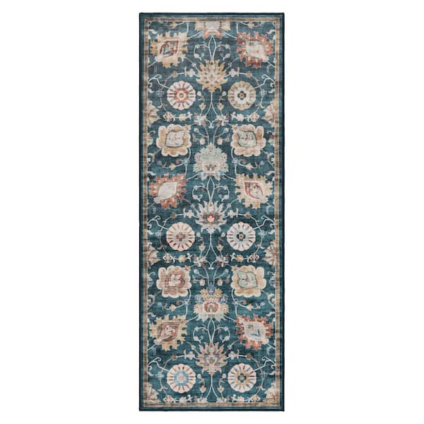 EVERWASH Haven 2 ft. 6 in. x 7 ft. Blue Multi Damask Floral Washable Area Rug