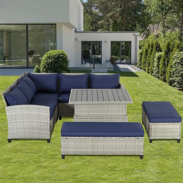 Cesicia Grey 6-Piece Wicker Outdoor Sectional Set with Lifting Table and Blue Cushions