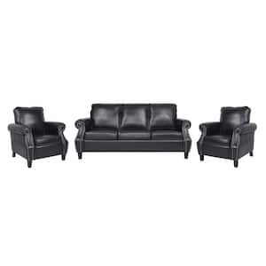Amedou 3-Piece Faux Leather Top Midnight Black and Dark Brown Club Chair and Sofa Set