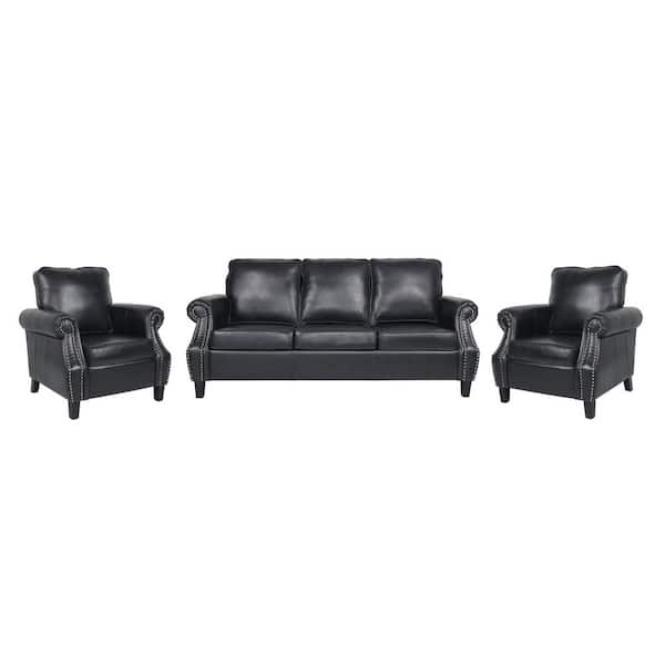 Noble House Amedou 3-Piece Faux Leather Top Midnight Black and Dark Brown Club Chair and Sofa Set