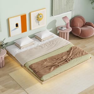 Floating Natural (Brown) Wood Frame King Size Platform Bed with Under-Bed LED Light, Low Profile