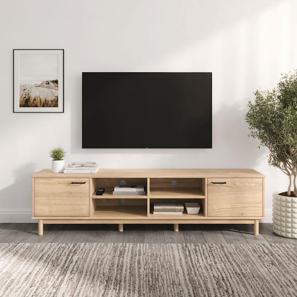 Walker Edison Furniture Company 70 in. Coastal Oak Wood Modern 2-Door Storage TV Stand Fits TVs up to 80 in.