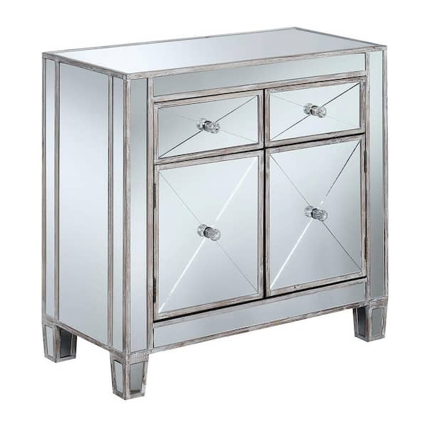 Convenience Concepts Gold Coast Vineyard 28 in. Weathered White Standard Rectangular Mirror Top Console Hall Table with 2-Drawers and Cabinet