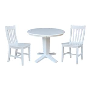 Aria White Solid Wood 36 in. Round Top Pedestal Dining Table Set with 2 Cafe Chairs, Seats 2