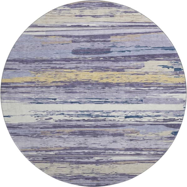 Mayfield Premium Machine Washable Abstract AMF2287 Lavender 8 ft. x 8 ft. Round Rug