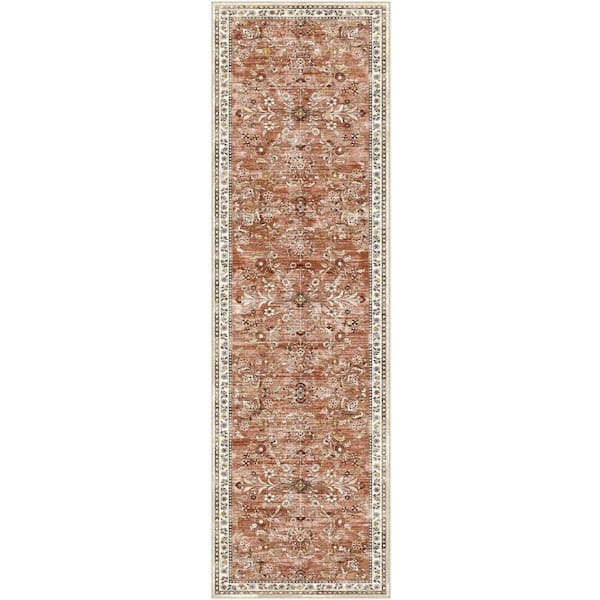 2' x 8' Non Slip Boho Floral Hallway Runner Rug-Red