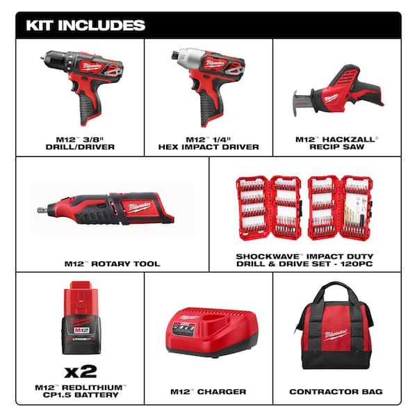 Milwaukee M12 12V Lithium-Ion Cordless 4-Tool Combo Kit with (2) Compact 1.5Ah Batteries, Charger & SHOCKWAVE Bit Set (120-Piece)