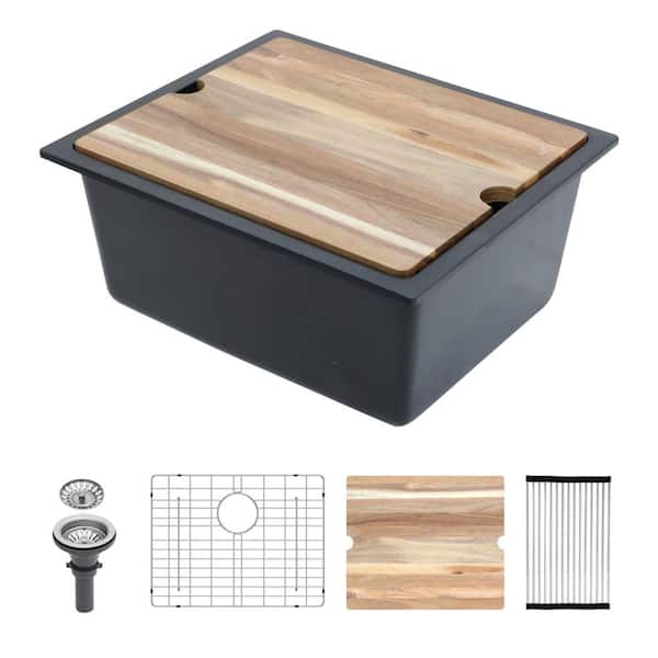 21 in. x 18 in. Undermount Single Bowl Black Quartz Kitchen Sink with Bottom Grid, Cutting Board and Drying Roll-up Rack