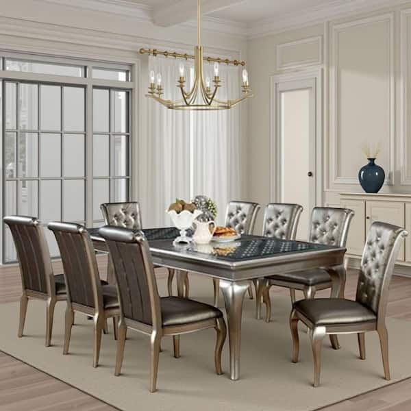 Benjara Nery 9-Piece Rectangle Champagne Gray and Clear Glass Top 4-Legs Dining Table Set Seats 10+