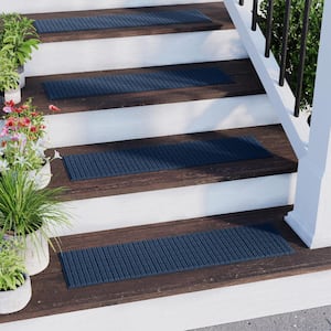 Waterhog Squares 8.5 in. x 30 in. PET Polyester Indoor Outdoor Stair Tread Cover (Set of 4) Navy