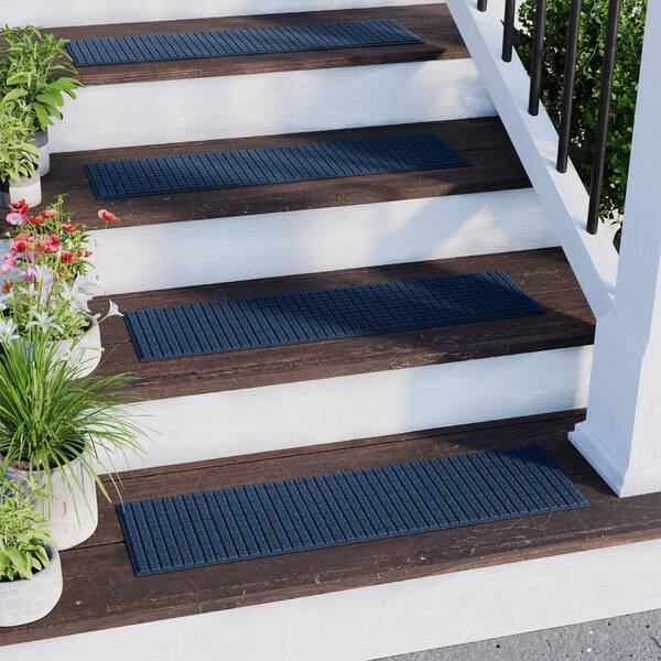 Waterhog Squares 8.5 in. x 30 in. PET Polyester Indoor Outdoor Stair Tread Cover (Set of 4) Navy