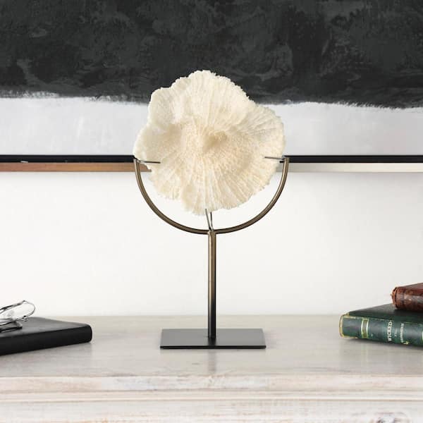 Litton Lane 12 in. Light Blue Polystone Textured Coral Sculpture with Bronze Stand