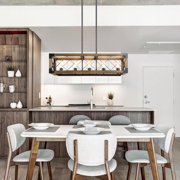 Wood Kitchen Chandelier 5-Light Linear Farmhouse Black Island Dining Room Chandelier Pendant with Rustic Rectangle Frame