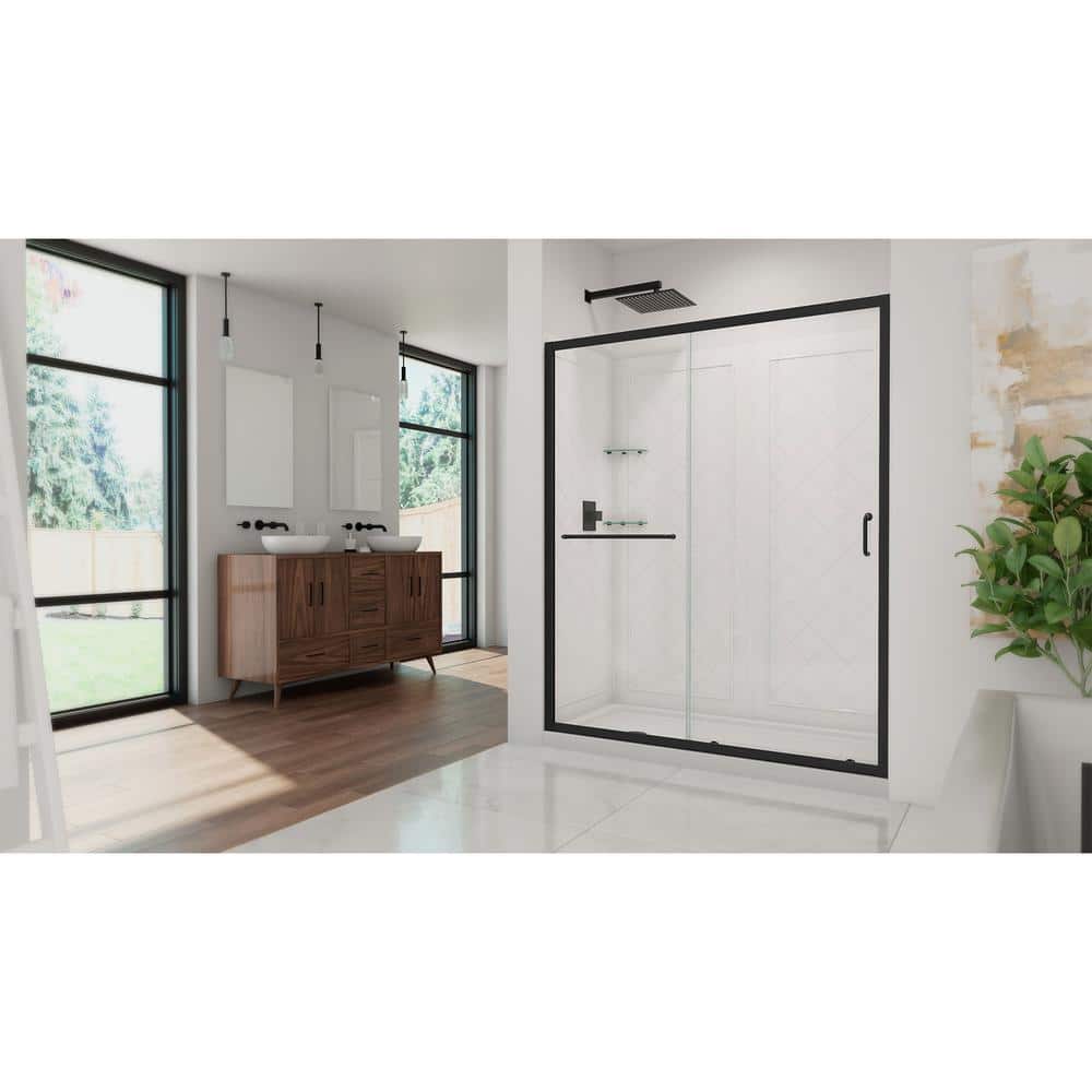 Matte Black Clear Glass Sliding Shower Kit with Left Drain