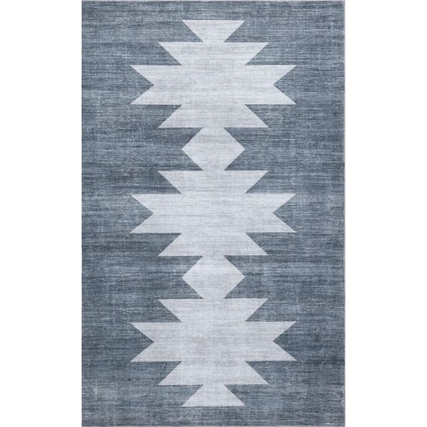 Peyton Minimalist Geometric Totem Non-Slip Machine-Washable Blue Gray/Cream 8 ft. x 10 ft. Area Rug