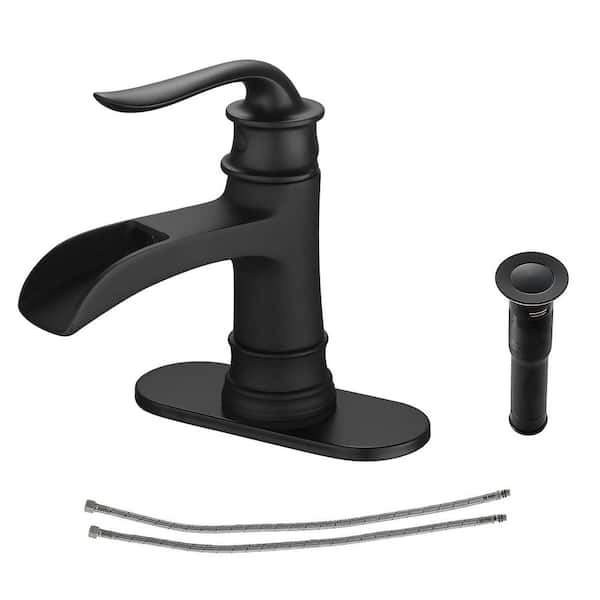 LORDEAR Single-Handle Single Hole Bathroom Faucet Waterfall Vessel Sink Faucet Deck Mount in Matte Black