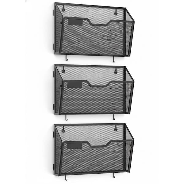 3 Pack Magnetic Wall Mounted Mail Document Organizer, Mesh Letter Organizer with Hooks, Black