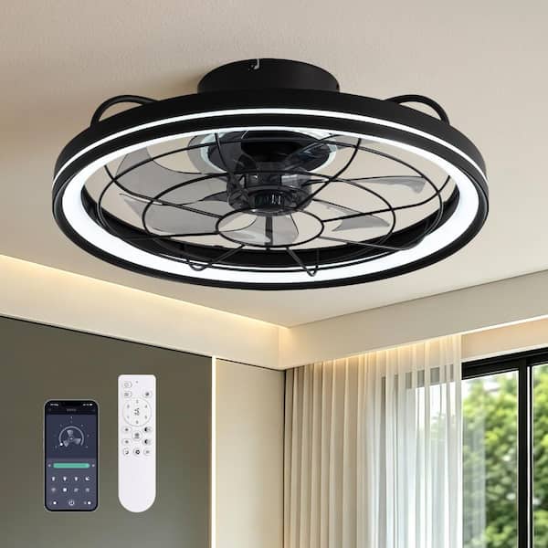 20 in. Black Low Profile Caged Ceiling Fan with LED Light for Bedroom, Kitchen, Remote and APP Control