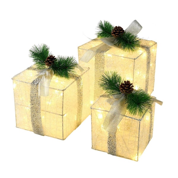 Christmas Lighted Gift Boxes, Valentine's Day Decorations Set of 3, Light up Present Boxes, 60 LED Warm White Lights