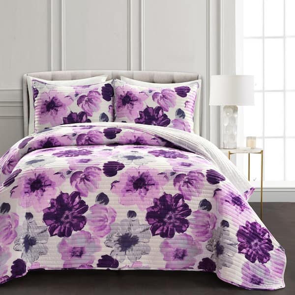 Unbranded Leah Quilt Gray/Purple King Set (3-Piece)