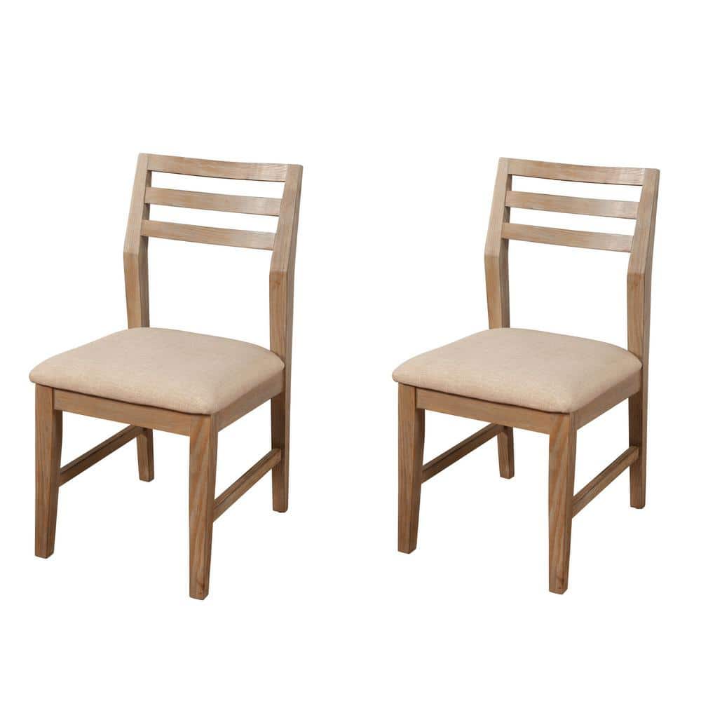 Transitional Beige Upholstered Ladderback Side Chair in Weathered Pine