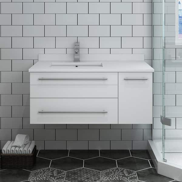 White Quartz 36-inch Wall-mount Pedestal Bathroom Sink Vanity with