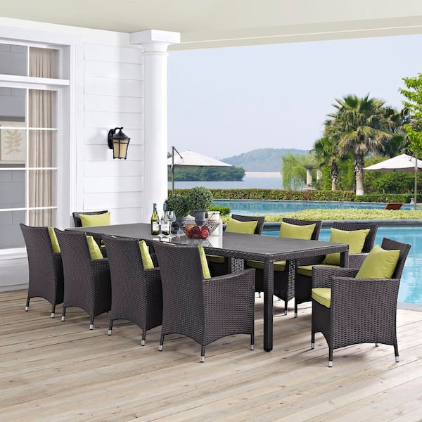 Convene Espresso 11-Piece Aluminum Outdoor Dining Set with Peridot Green Cushions