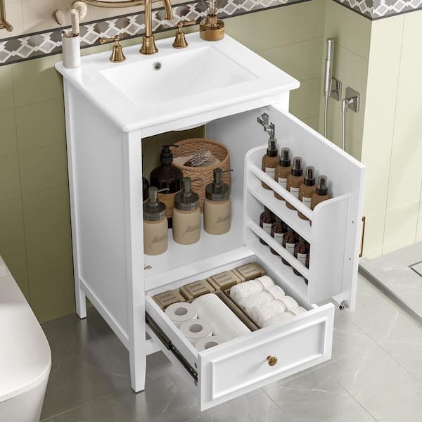 20 in. W Single Sinks Freestanding White Bath Vanity with White Ceramic Top and Drawers, Unassembled