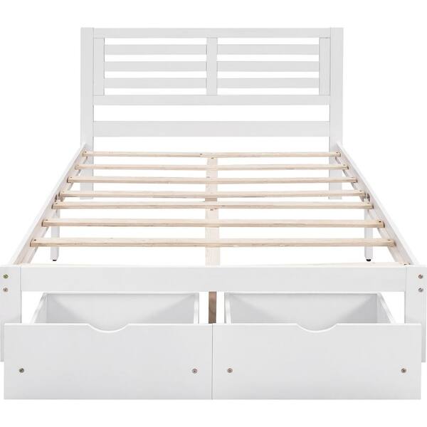 URTR 75 in. W White Full Size Wood Platform Bed with Drawers, Bed Frame with Headboard and Storage Drawers, No Spring Needed