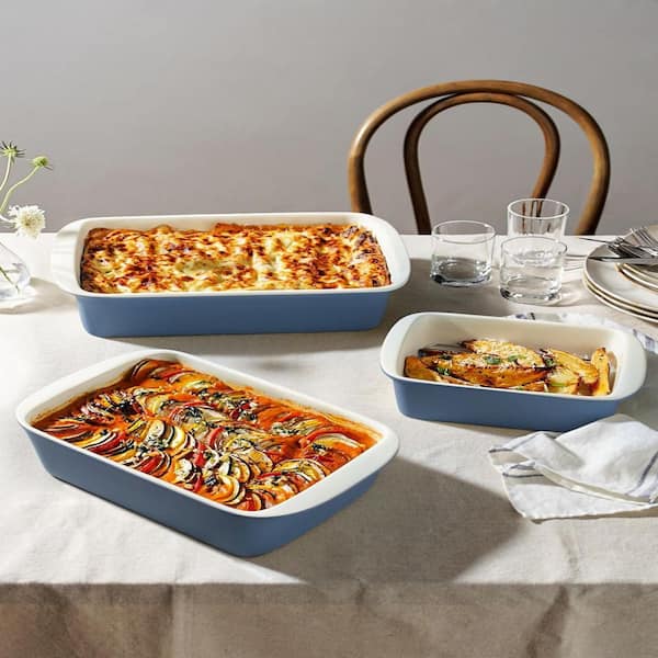 3-Piece Blue Deep Casserole Dishes, Ceramic Baking Dish Set with Roasting Racks, Large Lasagna Pans with Handles